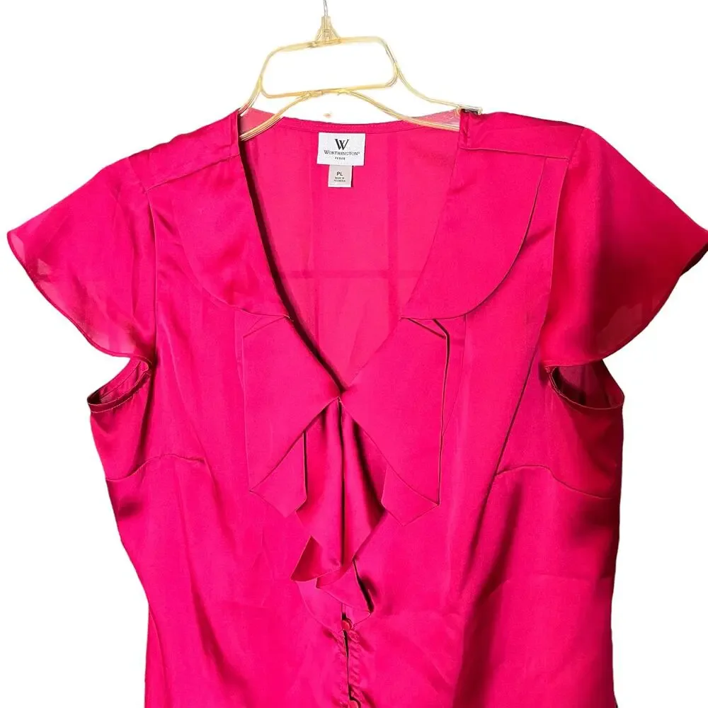 Worthington Pink Button Front Blouse Cap Sleeve Bow Petite Large - Picture 3 of 10